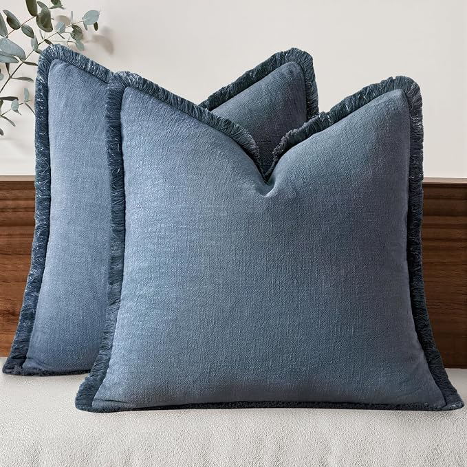 MIULEE Linen Fringe Decorative Euro Throw Pillow Covers Blue Ashes 26x26 | Set by MIULEE