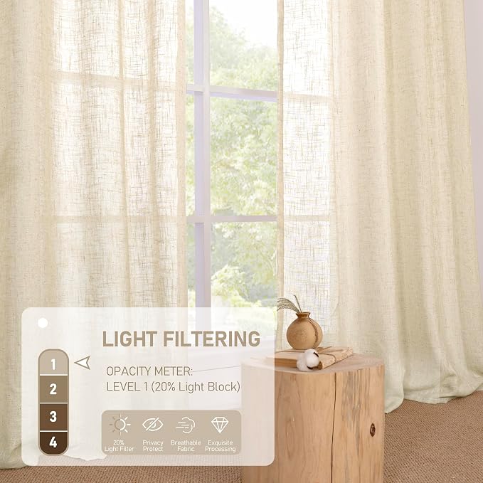 45 Inch Length Linen Curtains for Bedroom 2 Panels Set, 52 X 45 Inch | Beige - Image 4