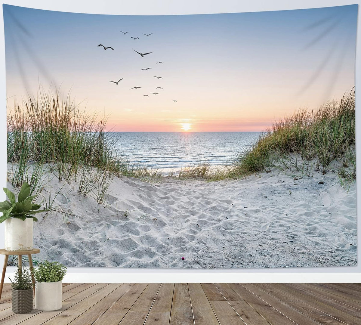 HVEST Ocean Beach Tapestry Wall Hanging, Sunset Seabird and Beach with Grass Wall Hanging Tapestry Natural Landscape Tapestry for Bedroom Living Room Dorm Decoration Wall Decor, 80x60 Inches