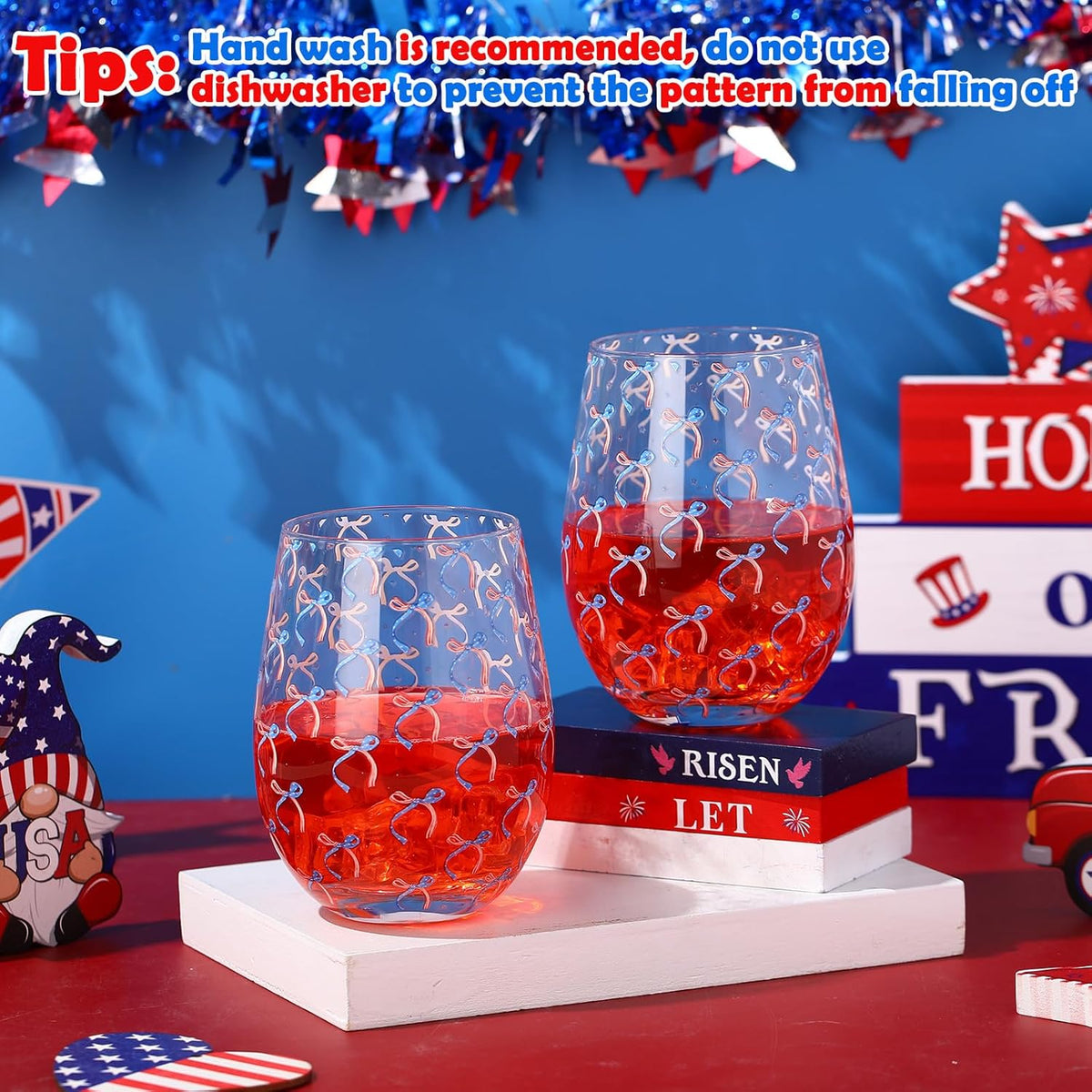 Sliner 2 Pack Patriotic Stemless Wine Glasses 17oz Red Blue Bow Drinking Glasses Independence Day Tumbler Cups for 4th of July Party Supplies Memorial Day Gift Decorations