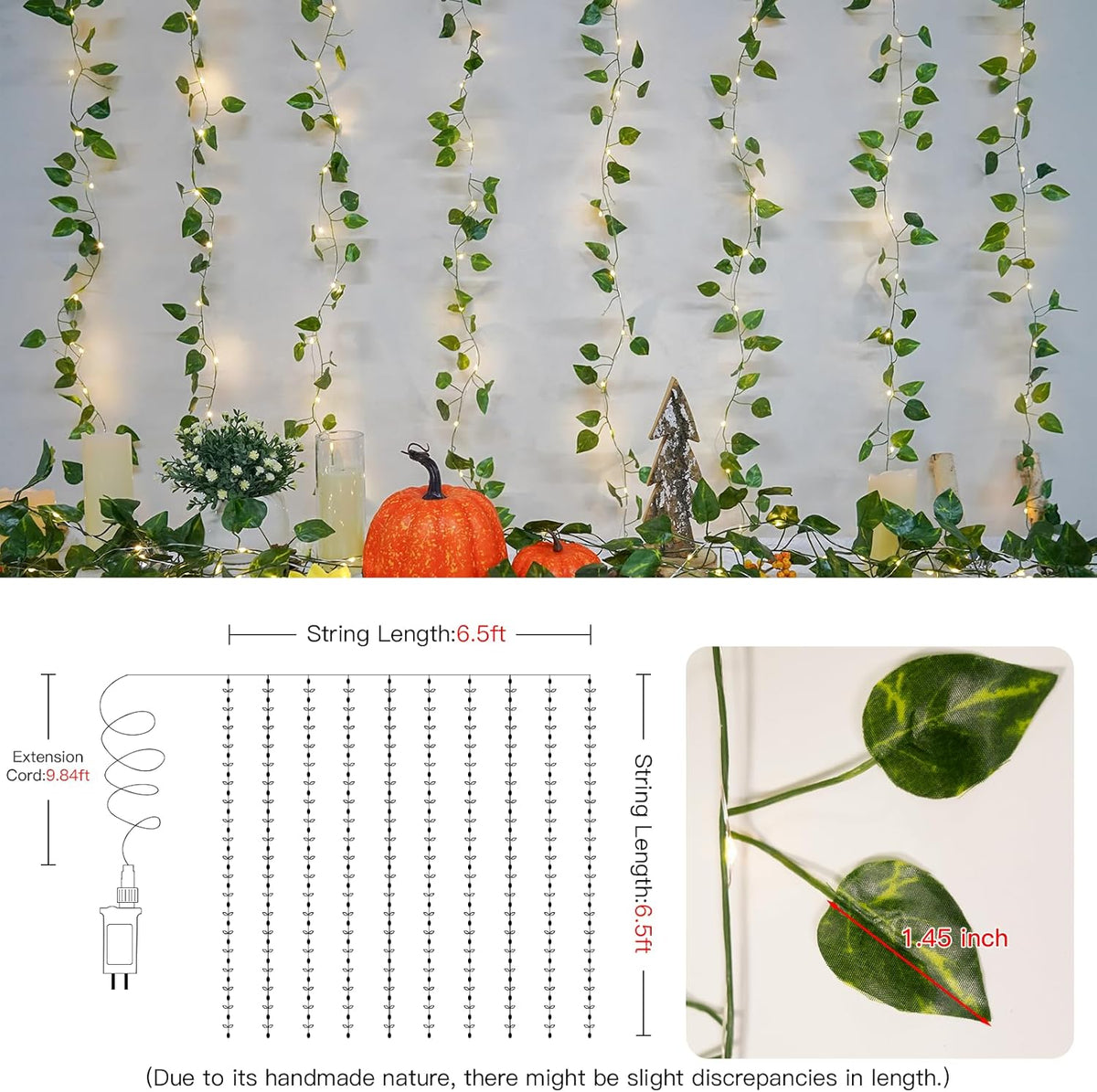 suddus 200 LED Vine with Light Plug in, 6.5ft x 6.5ft Pothos Fairy Curtain Lights with Remote, Leaf Fairy Lights for Wall,Bedroom, Dorm, Wedding, Party, Indoor Decor(Warm White)