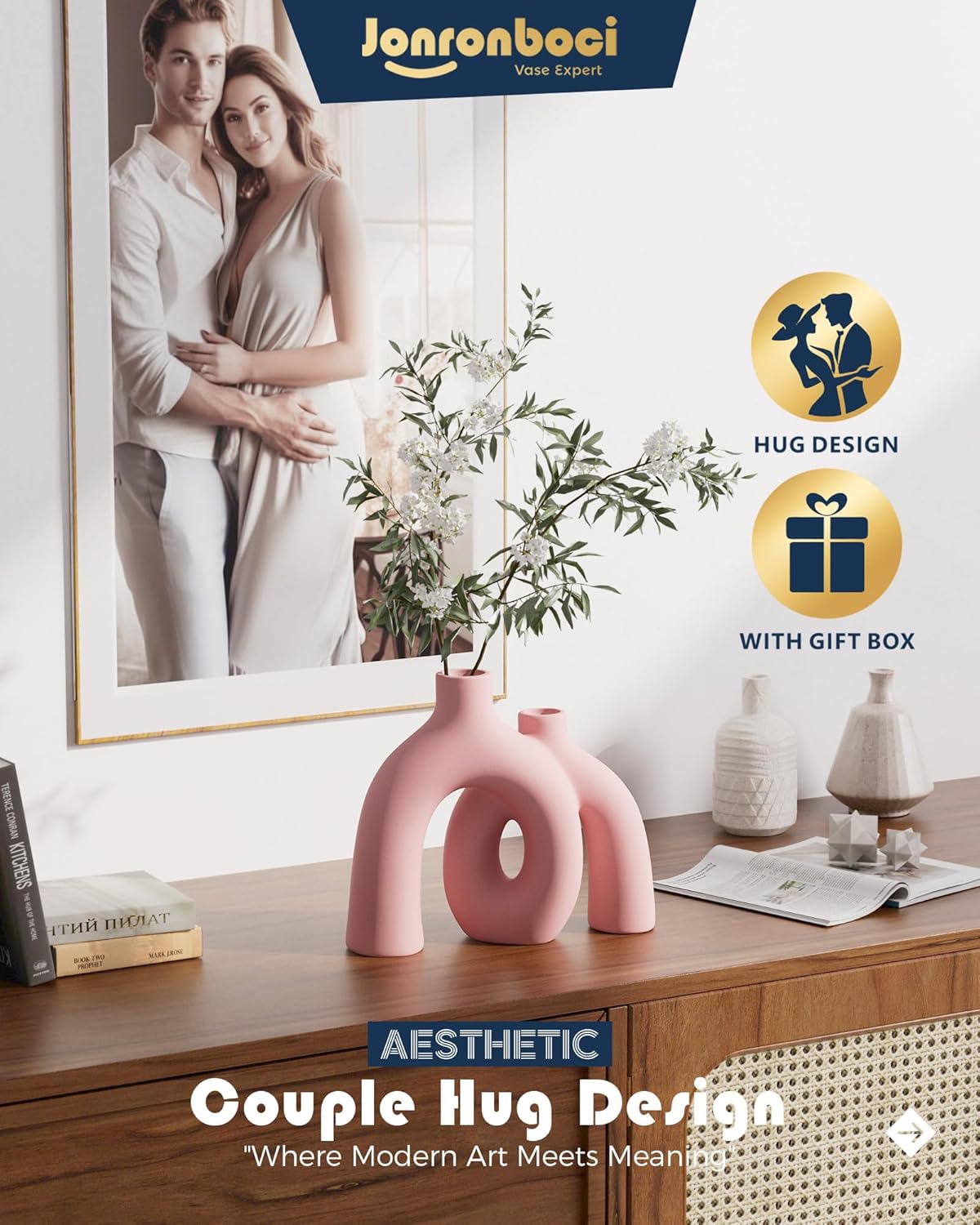 Hug Donut Decorative Vase Set - Light Pink Modern Glam Eclectic Style Vases Home Decor, Matte Ceramic Decorations for Living Room Shelf, Bookshelf Mantle Entryway Table or Console Décor(Pink)