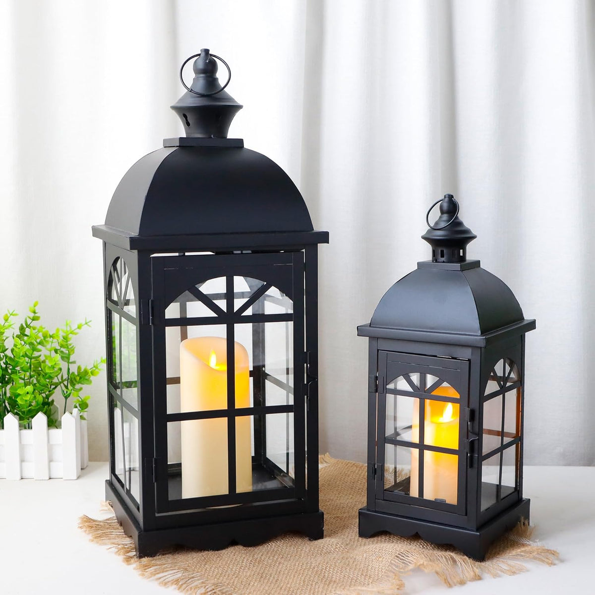 TRIROCKS Set of 2 Decorative Vintage Candle Lanterns 14.5"&20" H Farmhouse Outdoor Hanging Lanterns with Tempered Glass for Porch, Balcony, Patio, Home, Centerpieces, Indoor, Outdoor(Black)