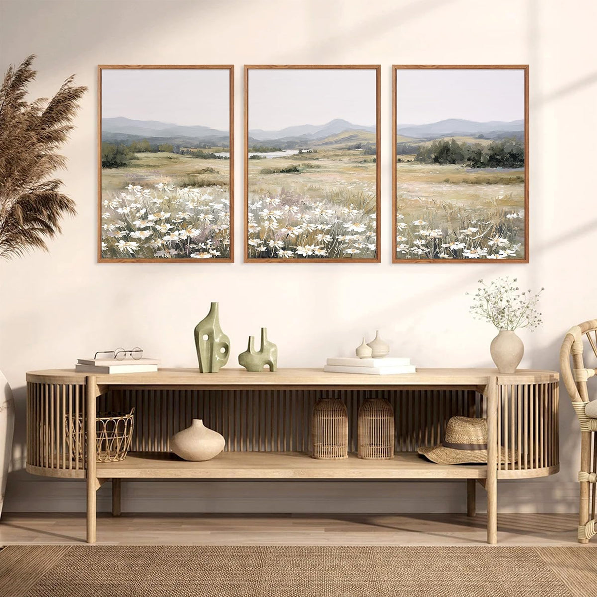 KAIRNE Landscape Canvas Wall Art,Boho Floral Prints Set of 3(16”X24”),Flower Garden Paintings,Wildflower Field Scene Wall Decor,Botanical Art for Living Room Bedroom Kitchen Farmhouse Decor,Framed
