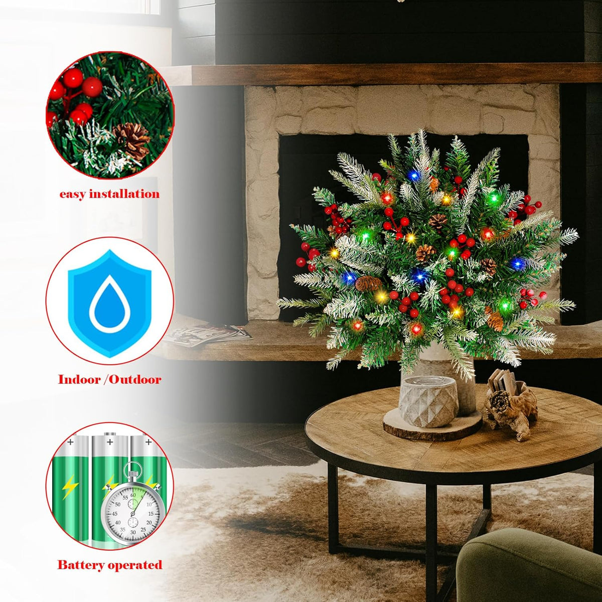 2 Pack Lighted Artificial Christmas Urn Filler, Battery Operated Pre-lit Xmas Pine Trees, Tripod Stake and 60 LED Lights, Holiday Porch Decorations for Porch, Yard, Garden, Flower Beds（Multicolor）