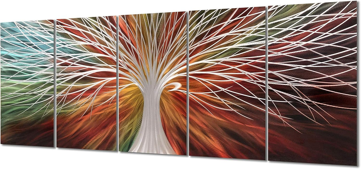 Yihui Arts Abstract Metal Wall Art - Tree Of Life Hand Crafted 5 Pieces Panels Large Big Unique 3D Aluminum Modern Contemporary Home Accent