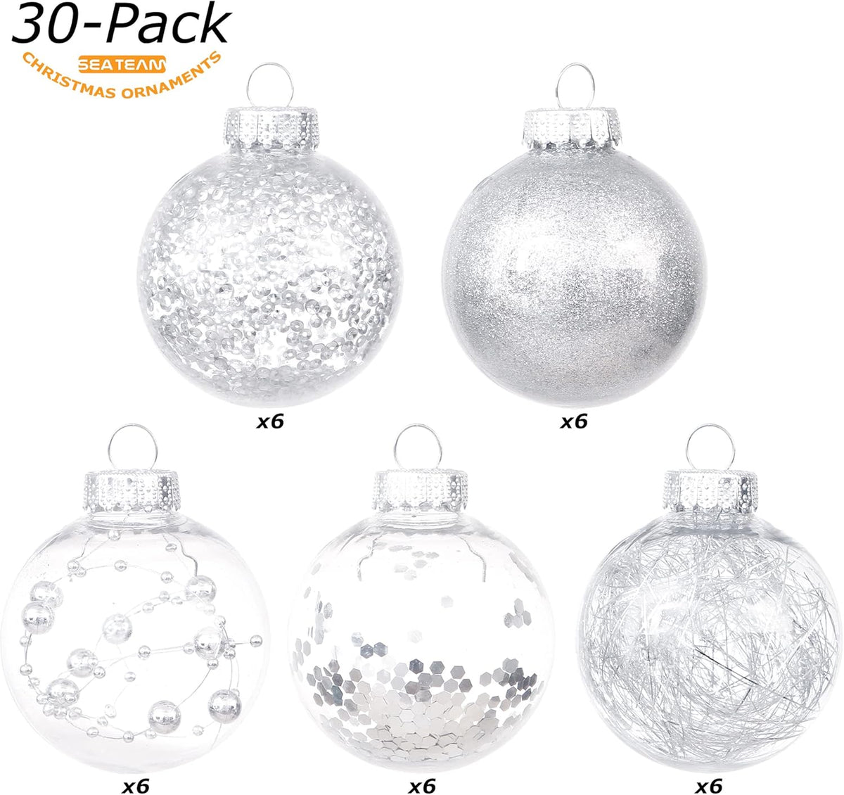 Sea Team Shatterproof Clear Plastic Christmas Ball Ornaments Decorative Xmas Balls Baubles Set with Stuffed Delicate Decorations (60mm/2.36 inch 30-Pack, Silver)