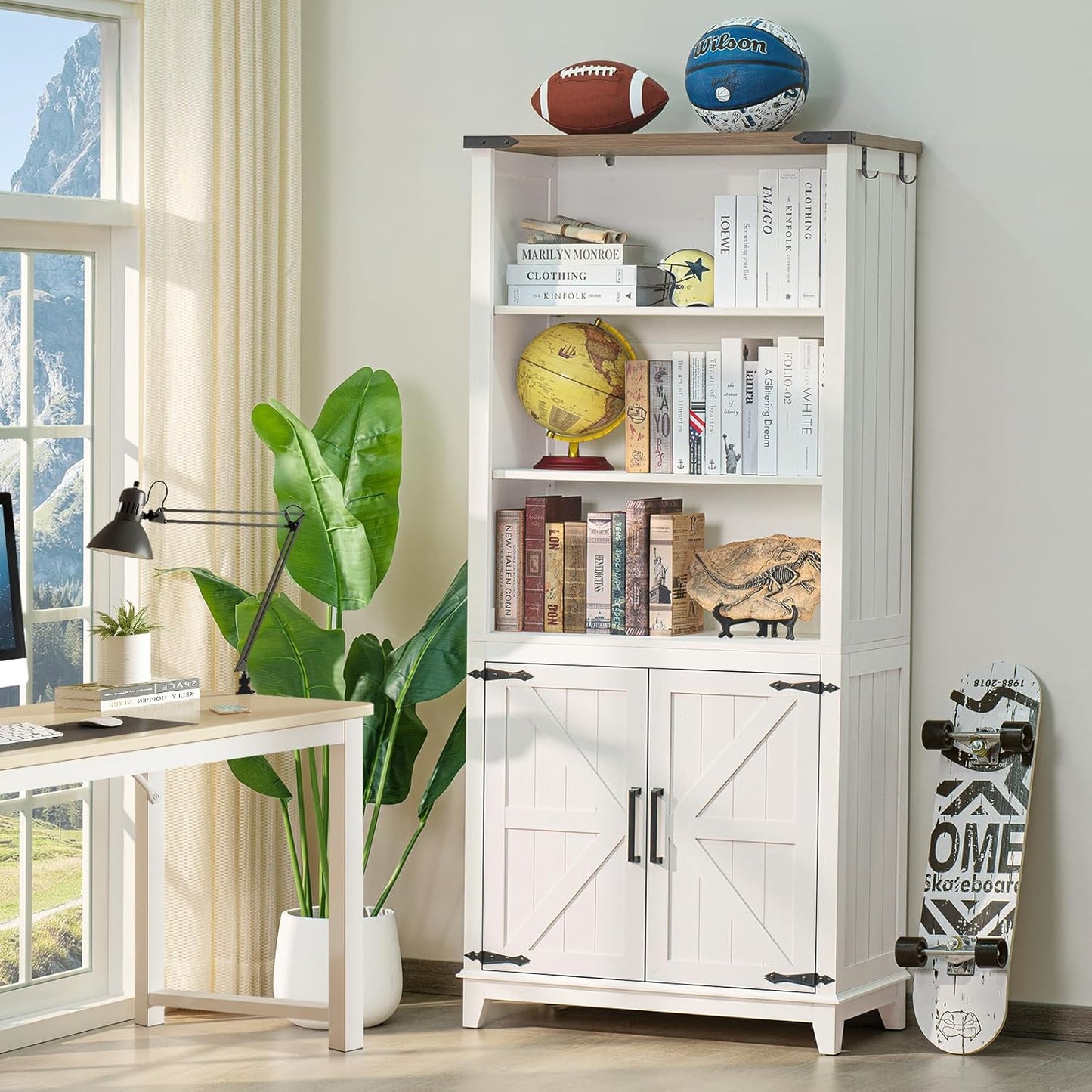 5 Tier Bookshelf 70in Tall Bookcase with Barn Doors and Storage Cabinet, White Farmhouse Book Shelf with Adjustable Shelves, Wood Freestanding Display Bookshelves for Bedroom, Kitchen (2PCS)
