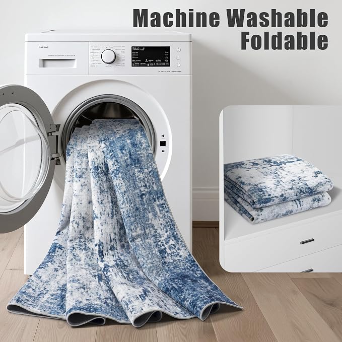 2.6x14 Washable Runner Rug:Modern Abstract Indoor Soft Carpet Blue | - Image 5