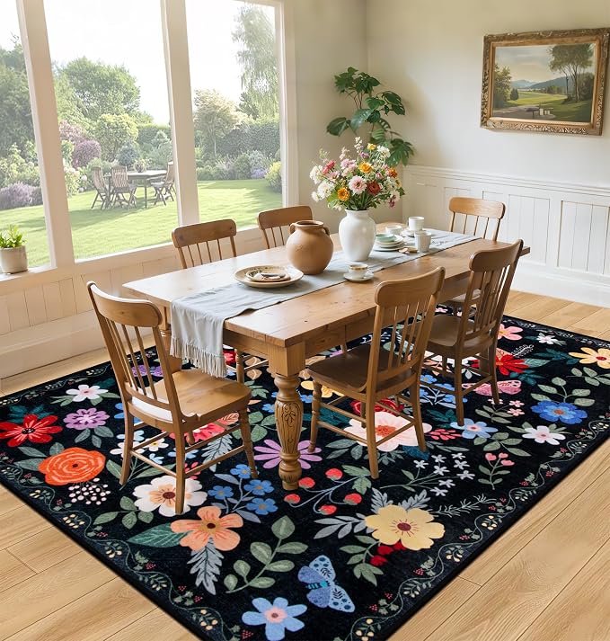 PLHXFR 6x9 Area Rug Living Room: Floral Washable Boho Soft Carpet Black | - Image 4
