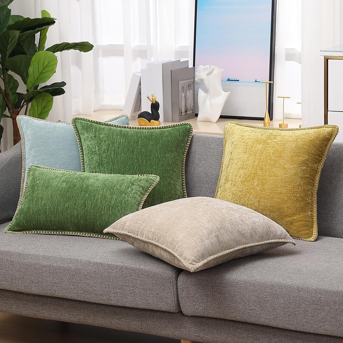 decorUhome Fall Chenille Soft Throw Pillow Covers 12x20 Set of 2, Lumbar Velvet Farmhouse Neutral Decorative Euro Pillow Covers with Stitched Edge for Couch Sofa Bed Home Decor, Forest Elf