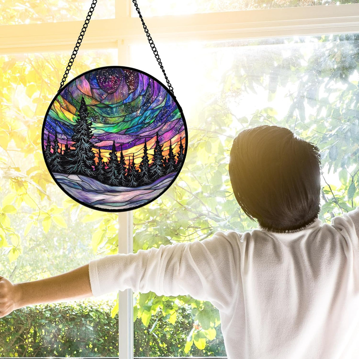 Stained Glass Window Hanging, Van Gogh Night Scene Sun Catchers Colorful Glass Panel Starry Sky Suncatcher Decor for Birthday for Women, Men, Wife, Aunt, and Mom 11.8x11.8 in