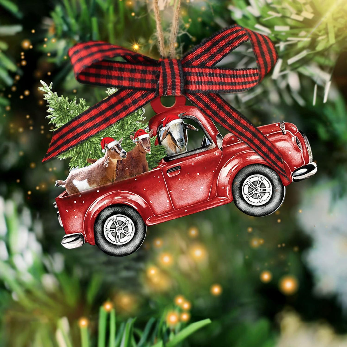 Talataca Goat Red Christmas Truck Pine Tree Farm Animal Lover 2D Flat Christmas Tree Wood Ornament Decor Wooden Hanging Decoration House Present Xmas Eve Keepsake Decorative