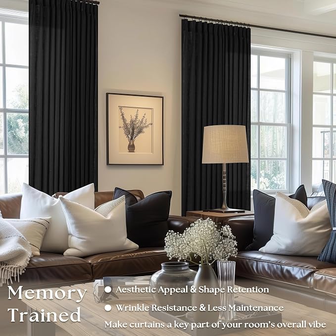 Black Pinch Pleated Linen Semi Sheer 108 Inch Curtains 2 Panels | Light - Image 2