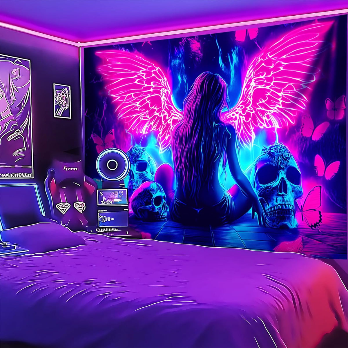 Blacklight Tapestry,WingTapestry Glow In The Dark,UV Reactive Black Light Upright Posters Wall Hanging for Bedroom Dorm Living Room Backdrop Decor (wing12, 90L" x 70W")