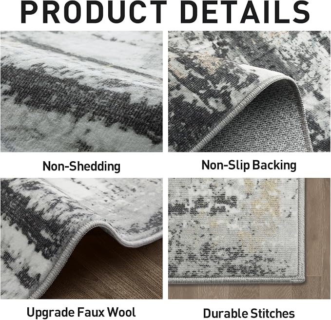 5x7 Area Rugs for Living Room: Washable Abstract Black Grey Gold Carpet | - Image 5