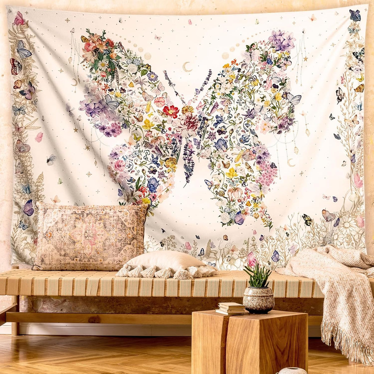 Damanse Butterfly Tapestry Wall Hanging Cute,Boho Wall Tapestry for Bedroom Aesthetic,Flower Living Room Decor for Teen Girls (White, 49.20" x 59.10")