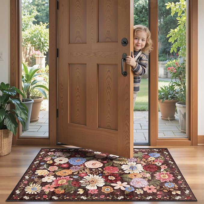 Black Brown Floral Hallway Runner Rug 2x4 - Image 2