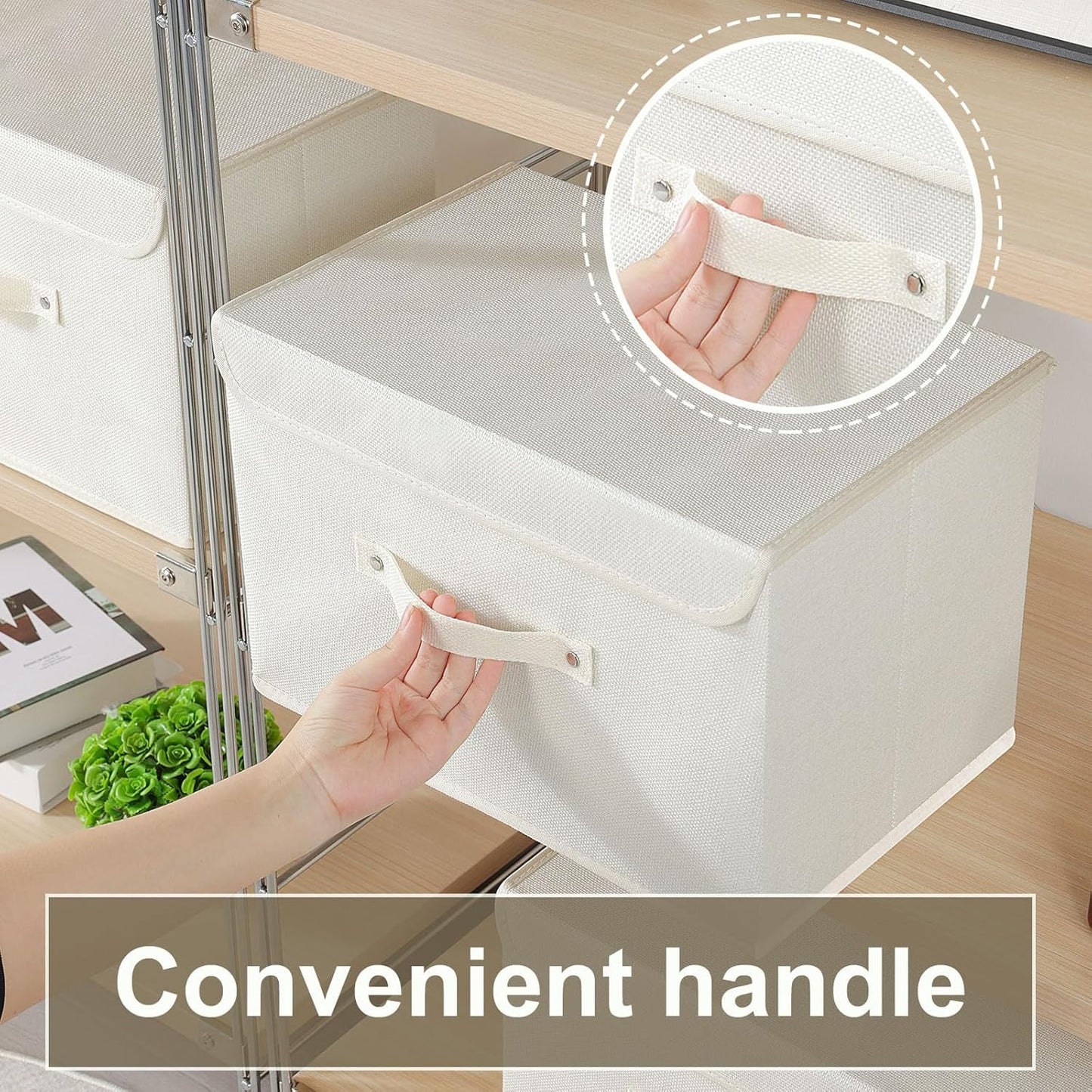 Storage Boxes, Collapsible Storage Bins with Lids, Cotton and linen cloth Storage Baskets with Handle, for Books, Closet, Bedroom, Home, 15x9.8x9.8 in, Beige