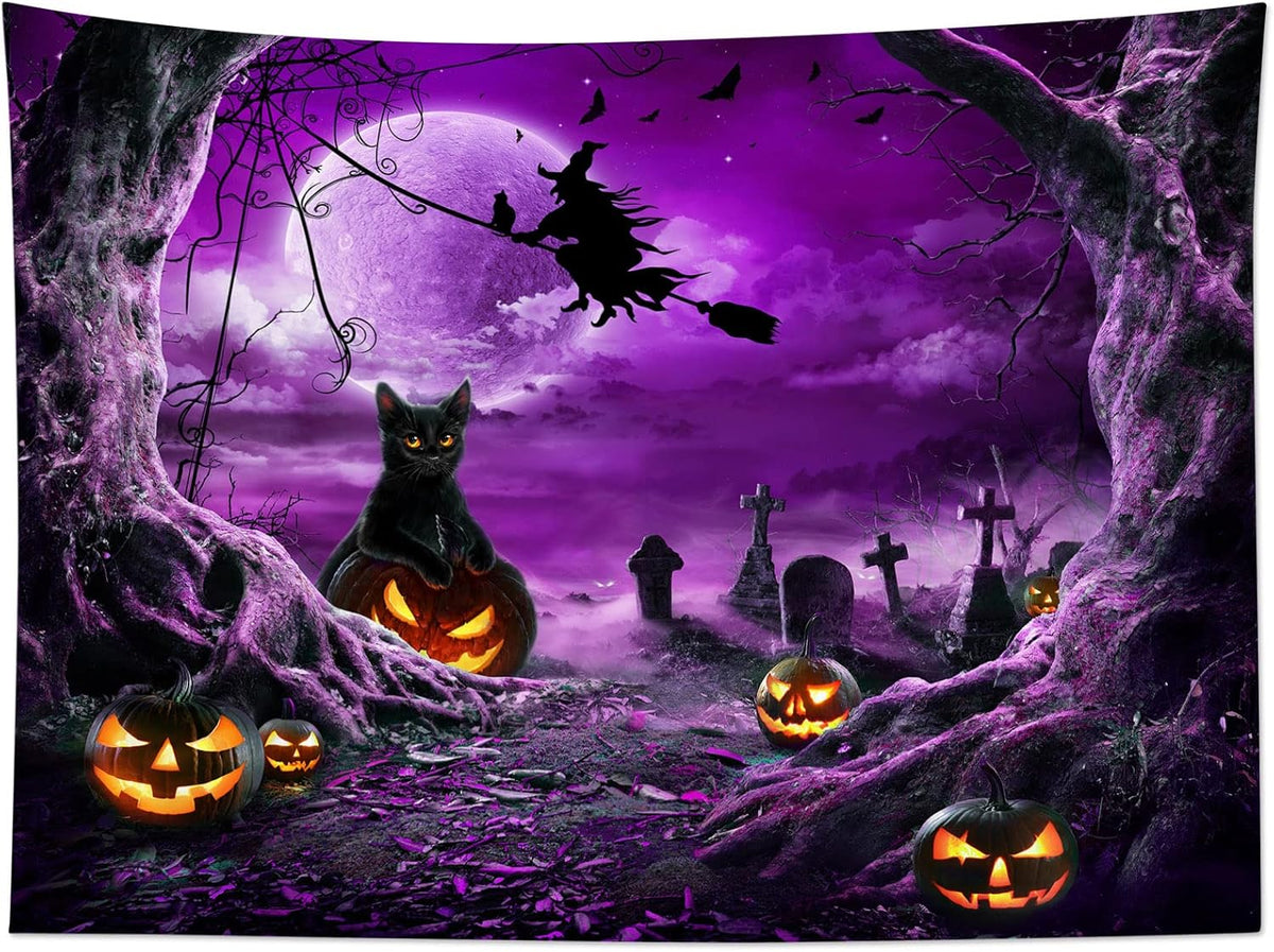 LB Halloween Tapestry Horror Witch Cat and Dead Tree Pumpkin Lights with Spooky Graveyard Tapestry Wall Hanging Purple Full Moon over Misty Forest Wall Decor for Bedroom Living Room Dorm 60x40 Inches