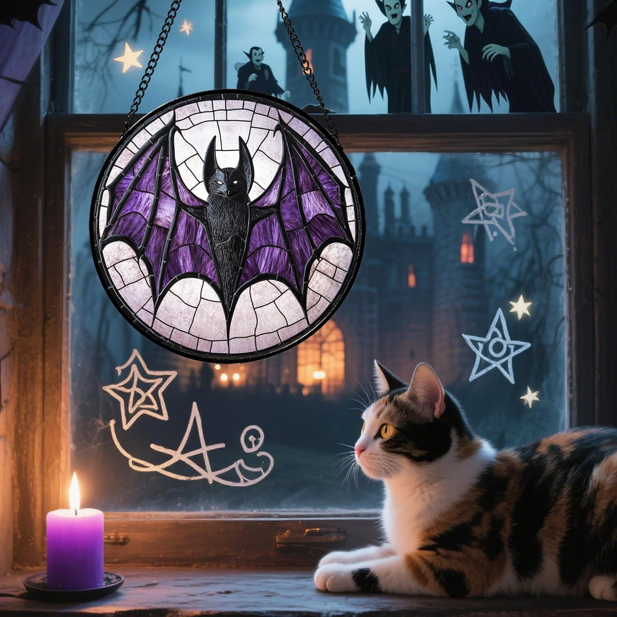 Stained Glass Window Hanging - Halloween Black Bat Purple Wings Monster Suncatcher for Doors Garden Home Spooky Sun Catchers Gothic Decor Horror Gift for Women Men Friend Boy Girl 7.8 in