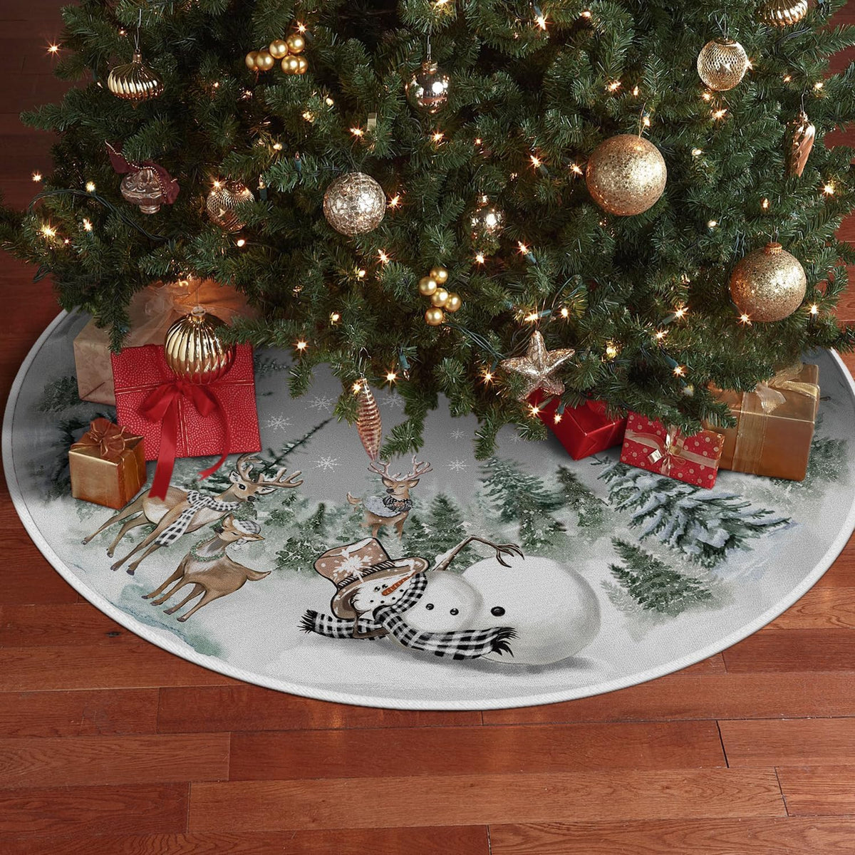AVOIN colorlife Snowman Reindeer Snowflake Christmas Tree Skirt 48 Inch, Winter Holiday Tree Mat Decoration