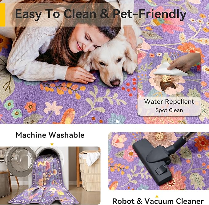 RELEANY Floral Washable 3x5 Area Rugs Purple/Pink | Flower Carpet Print Boho - Image 4