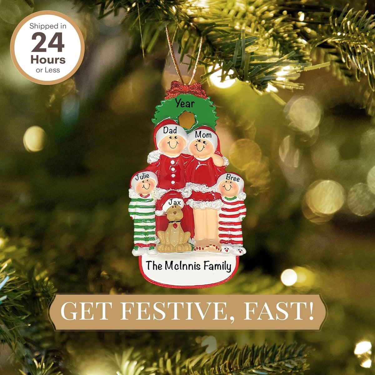 Personalized Family of 4 with Dog Ornament 2025 | Free 24h Customization | Christmas Ornaments for Tree | Custom Gift Wrapped Pet Keepsake for Dog-Lovers
