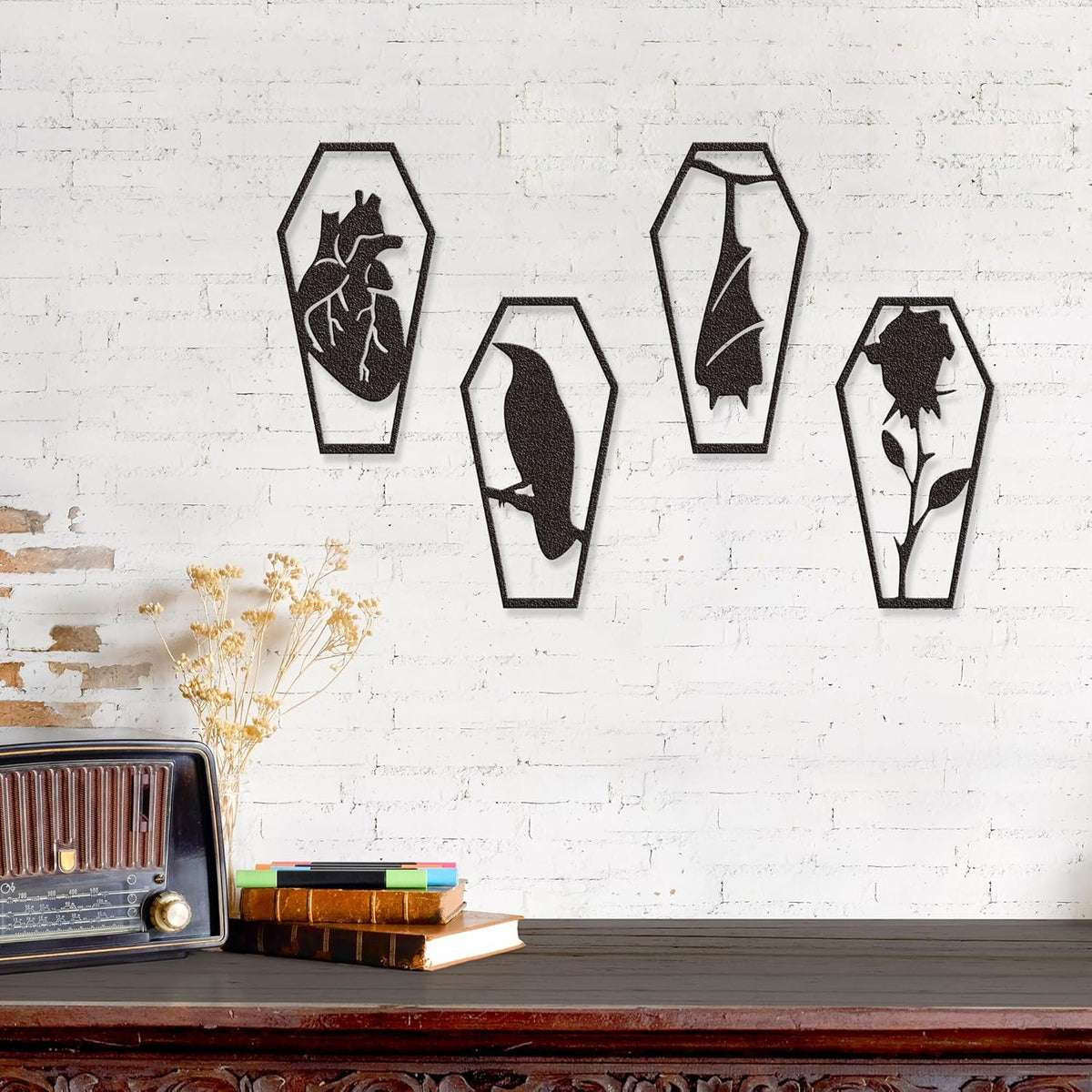 YATEASLU Gothic Coffin Wall Decor Set of 4 Metal Heart, Crow, Bat, Rose Sculptures for Gothic Home Decor, Bathroom, Kitchen, Office - Spooky Halloween Wall Decor with Screws