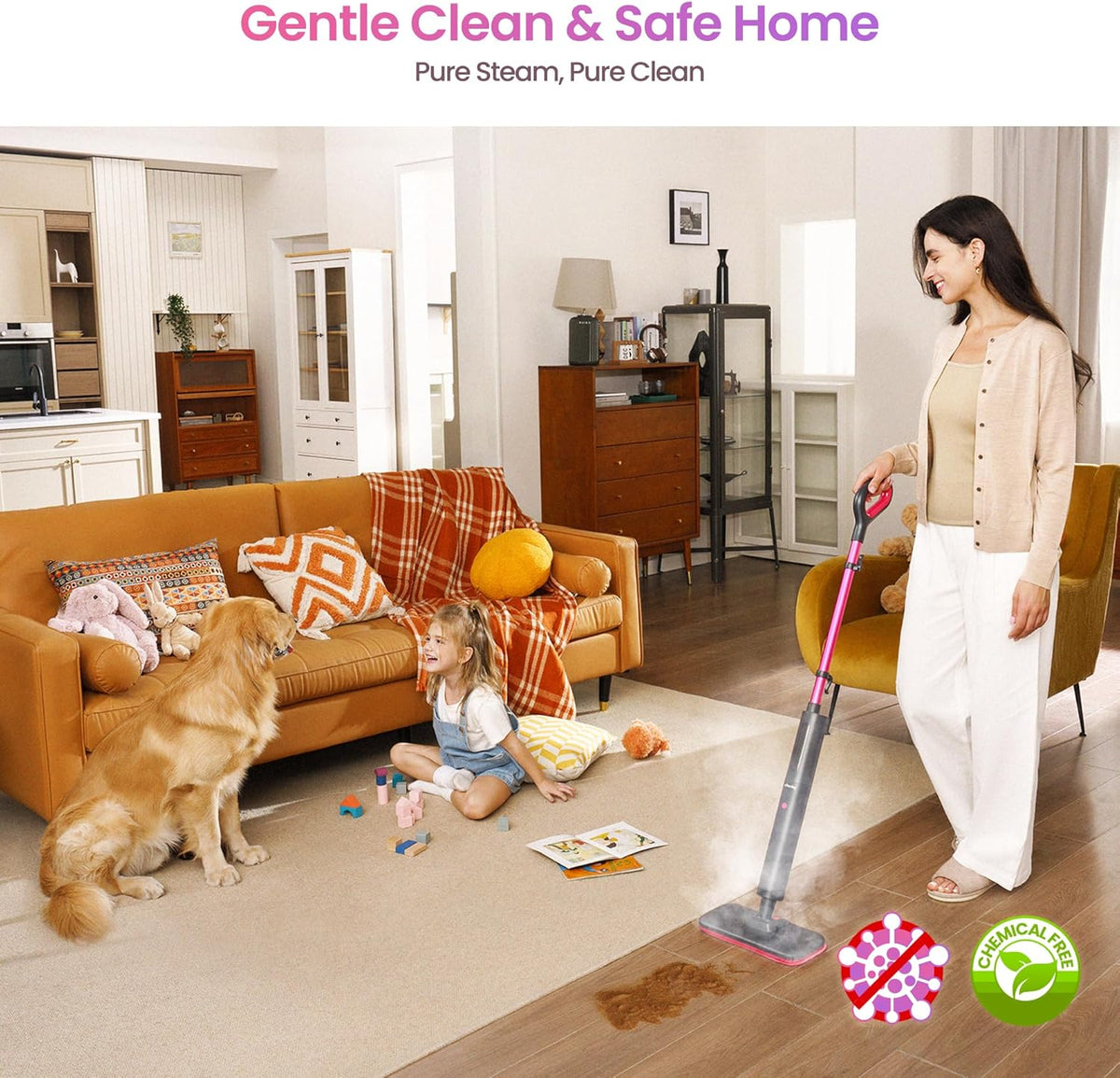 Schenley Steam Mop Cleaner Powerful - 15s Fast Heat-Up, Chemical-Free for Hardwood/Tile/Laminate & Floors/Walls, Washable Pads, 3 Modes for Carpet, Lightweight, Self-Standing, Sleek Design