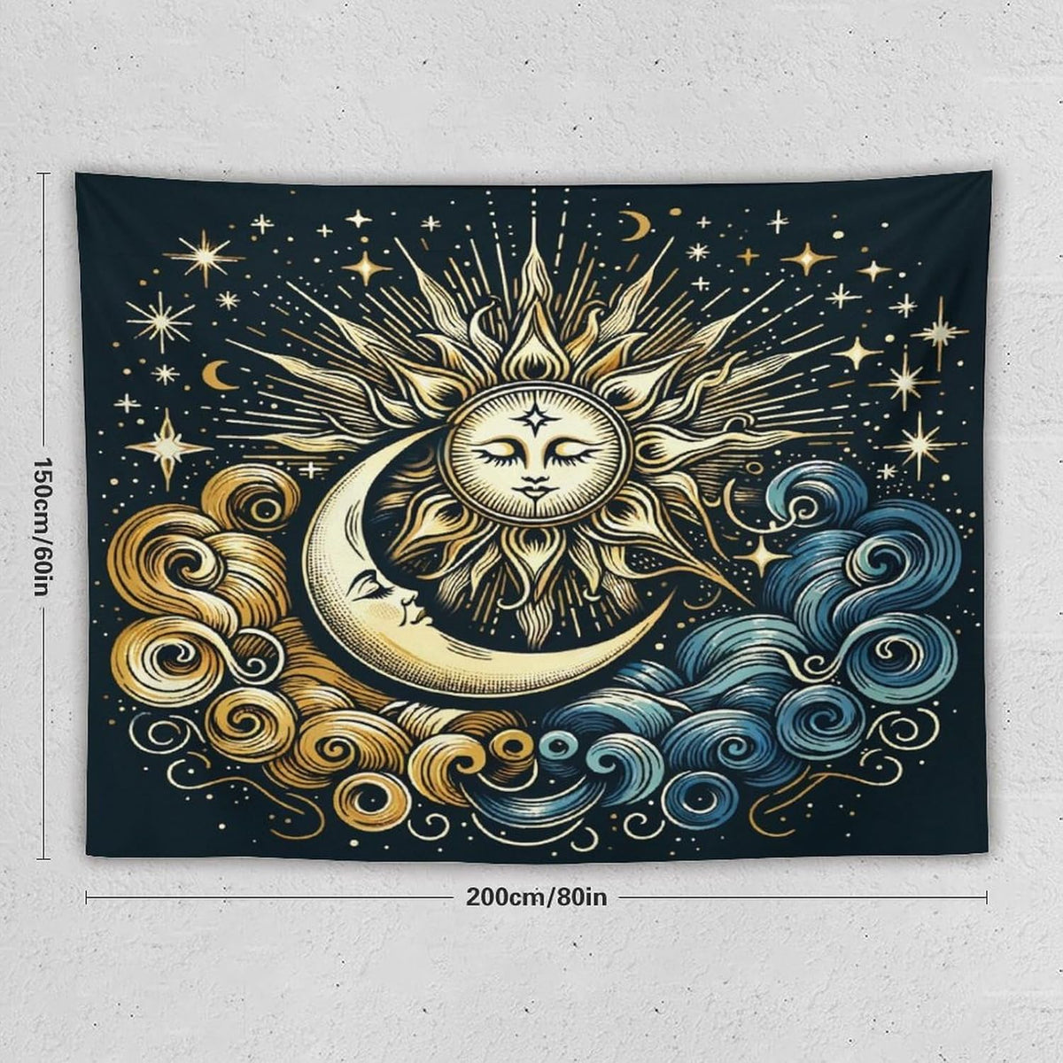 HZOHNAGO Sun Moon Tapestry Boho Golden Stars Pattern Printed Wall Tapestry Wall Hanging for Bedroom Living Room Dorm 80" W x 60" H