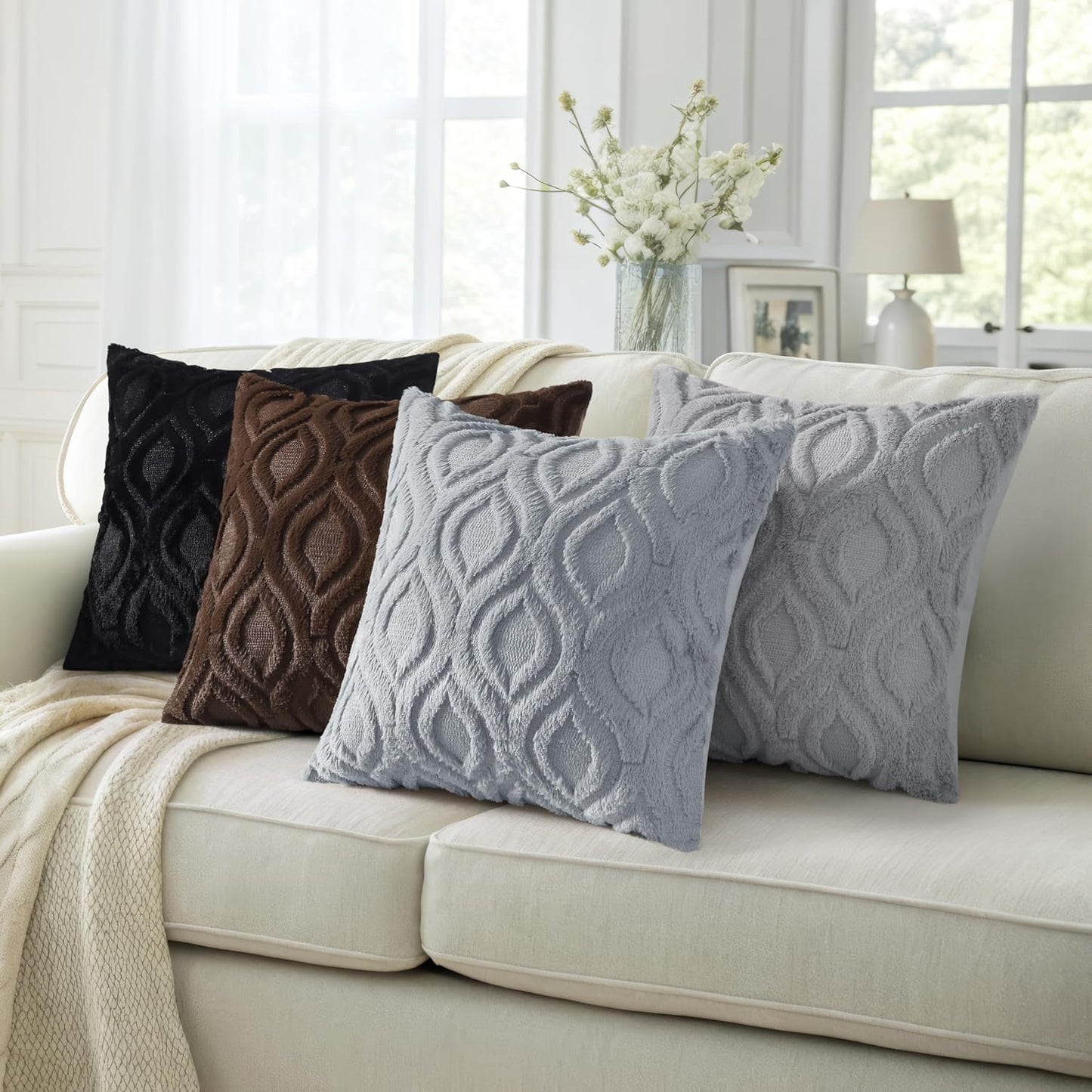 decorUhome Fall Throw Pillow Covers 16x16 Inch Set of 2, Soft Plush Decorative Faux Fur Blue Grey Solid Couch Pillow Covers, Accent Farmhouse Neutral Square Euro Pillow Cases for Sofa Bed Living Room