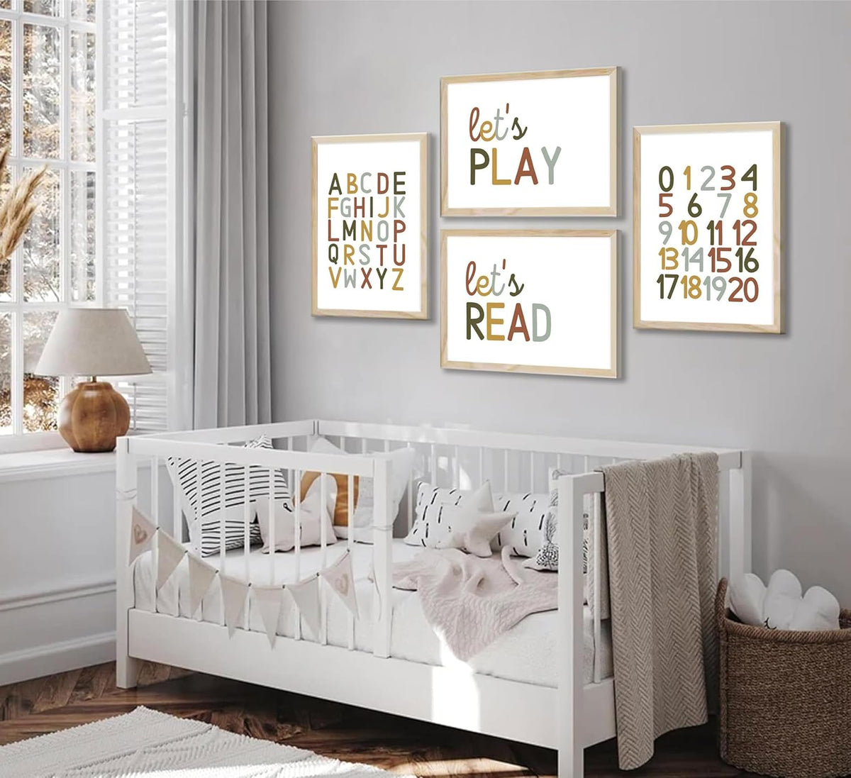 4 Pcs Boho Playroom Canvas Wall Art Nursery Toddler Educational Let's Read Let's Play Painting Pictures Wall Decor Posters Print Artwork for Girl Boy Childs Room Classroom Home Decoration Unframed