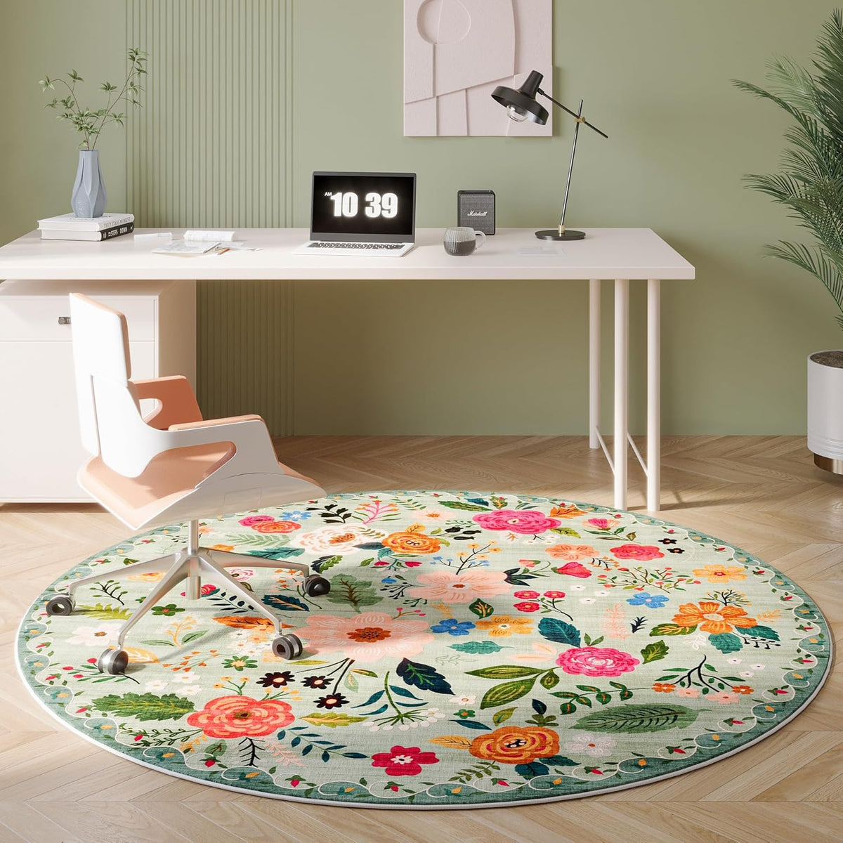 Round Rug 4ft Washable Circle Rug Non Slip Low Pile Boho Floral Small Circular Rug for Bedroom, Bathroom, Entryway, Kids Room, Office, College Dorm(Green)