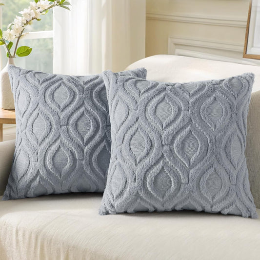 decorUhome Fall Throw Pillow Covers 16x16 Inch Set of 2, Soft Plush Decorative Faux Fur Blue Grey Solid Couch Pillow Covers, Accent Farmhouse Neutral Square Euro Pillow Cases for Sofa Bed Living Room