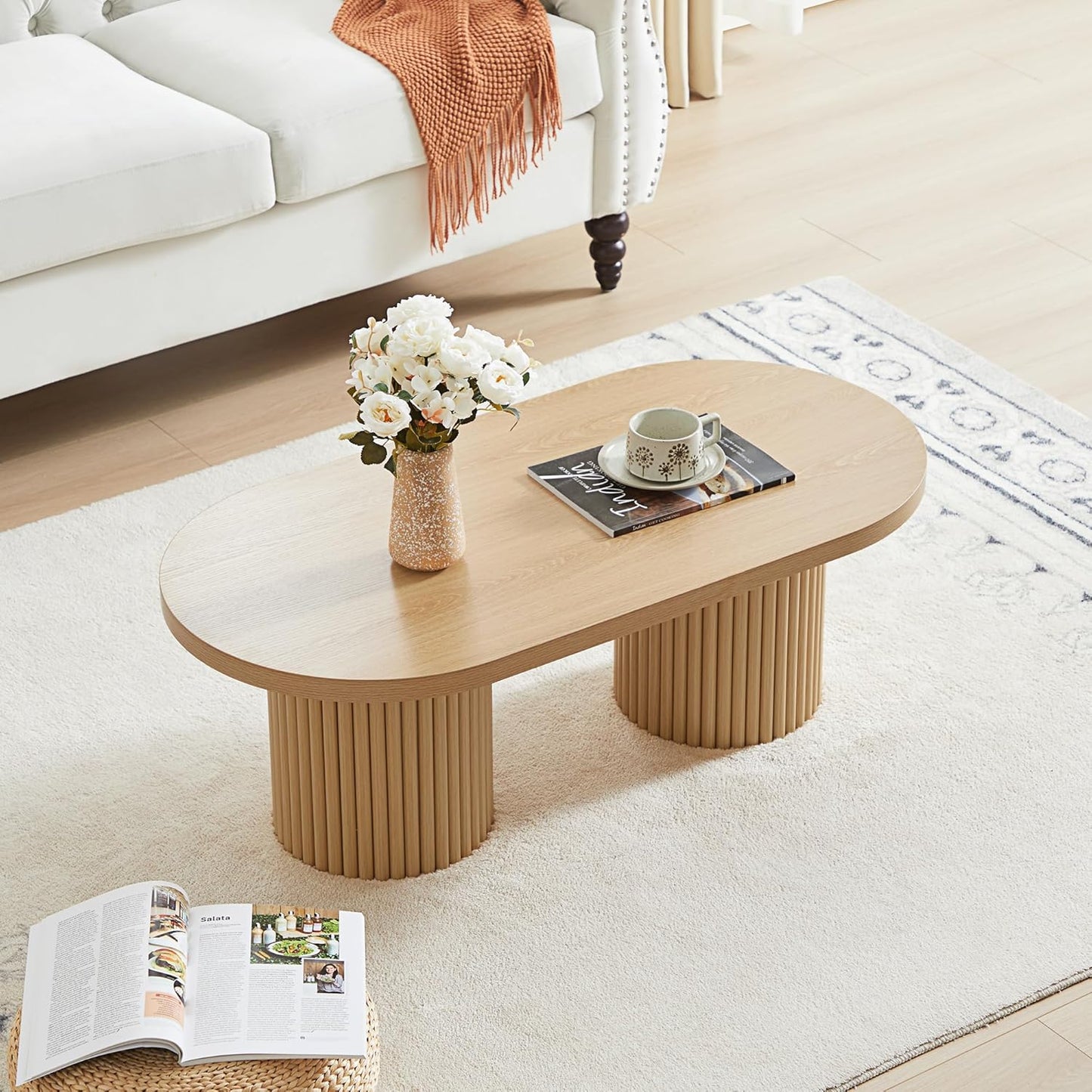 Oval Fluted Coffee Table, Farmhouse Wood Coffee Table Mid Century Modern Center Table Boho Living Room Tables for Living Room Office (Natural, 19.69" D x 39.38" W x 13.78" H)