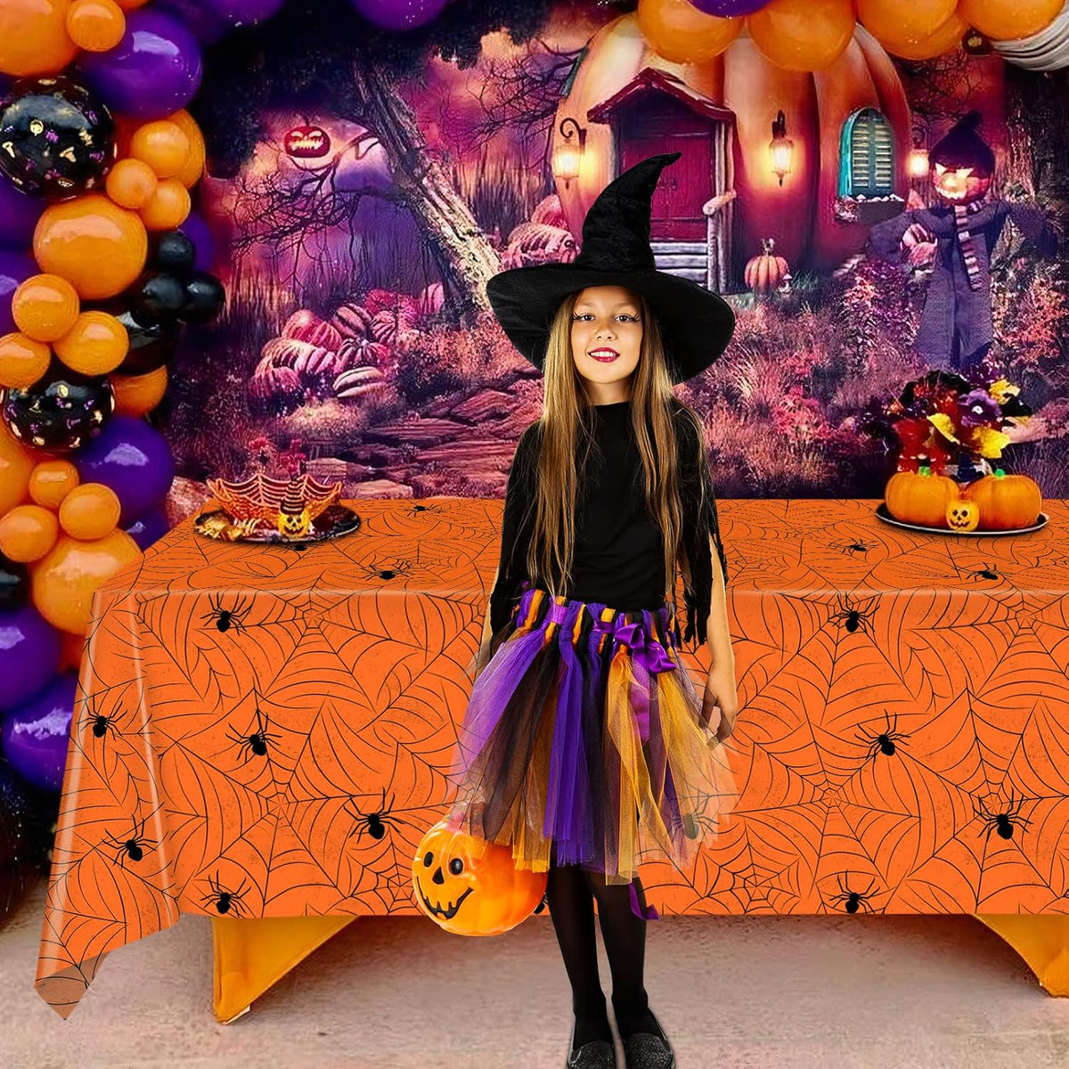 TREWAVE 3 Pack Halloween Spiderweb Tablecloth Rectangular Plastic Spider Web Table Cloth Large Size Table Covers for Home Decor Halloween Party Decorations 54" x 108" (Orange)