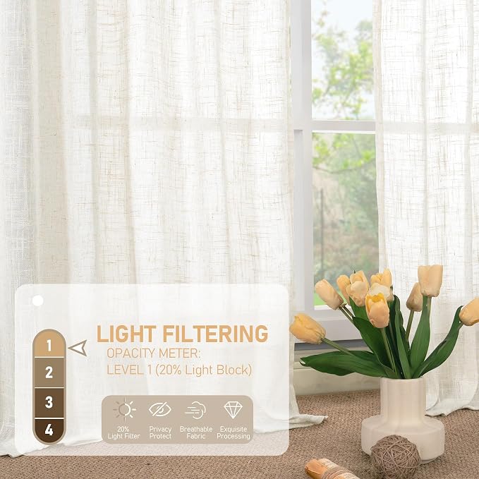 Cream Linen Curtains 63 Inch for Bedroom Small Window 2 Panels | Light Filtering - Image 4