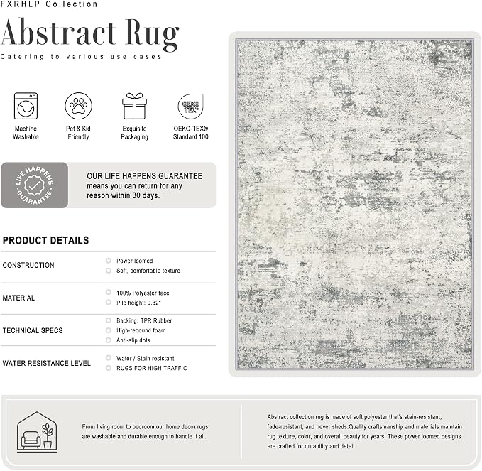 Round Area Rug Living Room: 8 ft Modern Washable Carpet Gray | - Image 3