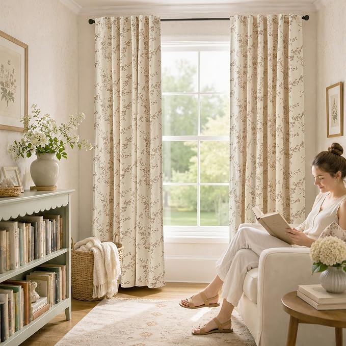 Blackout Vintage Floral Linen Curtains Taupe on Beige 50×84 2 Panels | Elisa - Image 7