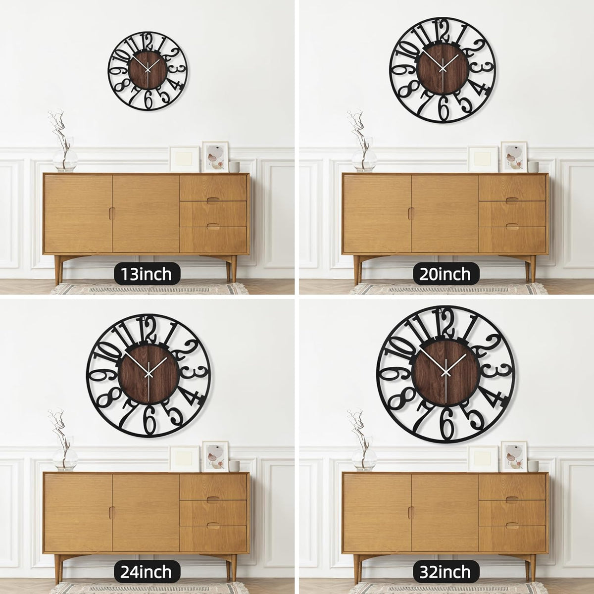 Maxstar Large Round Wall Clock for Living Room Decor Battery Operated Non Ticking Black Metal Wood Clocks for Home Living Room Garden Farmhouse Office Kitchen Decoration -32 inch