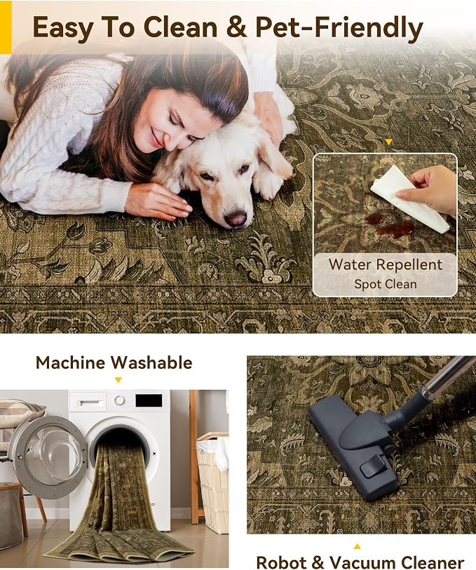 RELEANY Washable Area Rug, Water Repellent, Pet Friendly, Vintage Floral Boho - Image 6