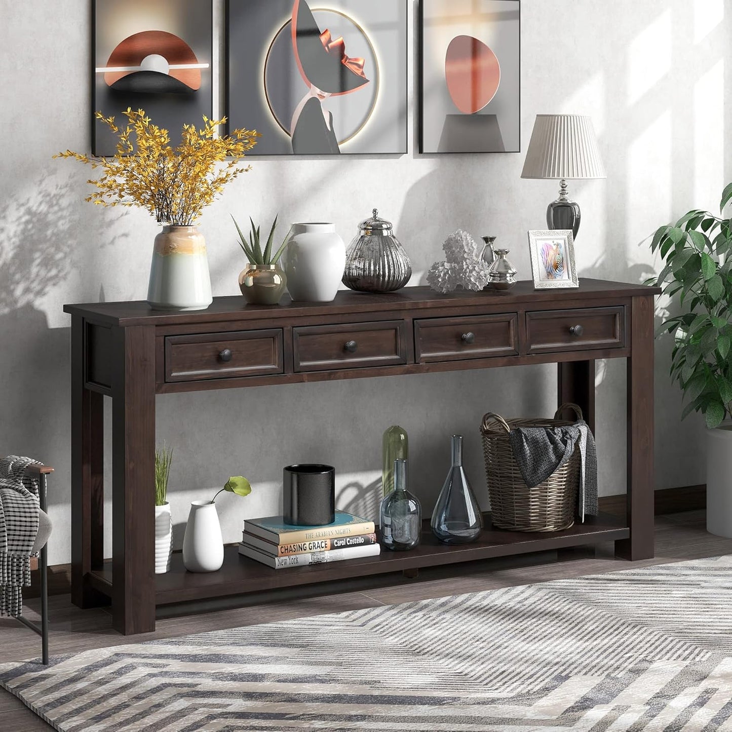 63" Solid Wood Console Table Sofa Table with Storage Drawers and Bottom Shelf,Farmhouse Entryway Table for Hallway Foyer,Sofa Couch Table,Fully Assembled (63" Espresso)