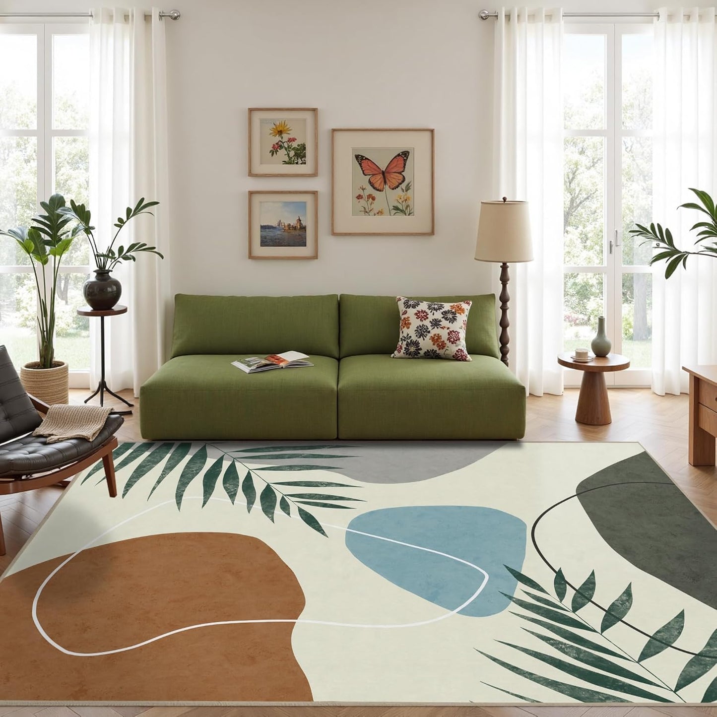 Indoor Outdoor Area Rug, Mid Century Outdoor Patio Rug, Washable Abstract Art Leaves Eucalyptus Rugs, Non-Slip Carpet for Camping, Living Room, Bedroom, Deck(5x8)