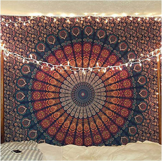 Raajsee Mandala Tapestry Wall Hanging – Blue Orange, 100% Cotton, Boho Hippie Decor, Twin Size (52x82 Inches / 132x208 cm) – Beach Throw, Bedspread, Meditation Yoga Mat