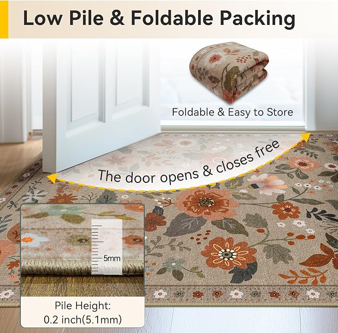 RELEANY Floral Washable 9x12 Area Rugs Brown/Brick | Flower Carpet Print Boho - Image 5