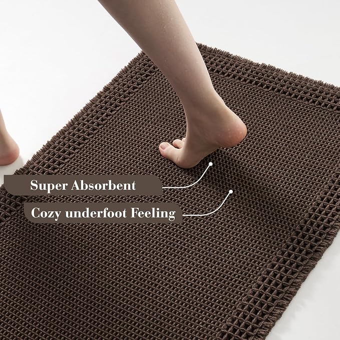 RESARE Waffle Bathroom Runner Rugs, Non Slip Boho Bath Mat 24x72 Dark Brown | - Image 3