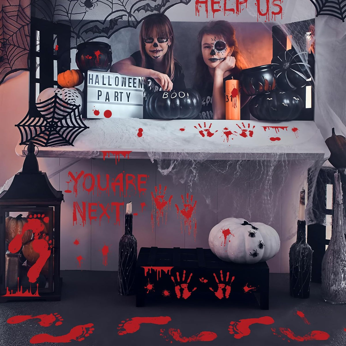 8 Sheets Halloween Bloody Handprint Footprint Floor Stickers Scary Halloween Decorations Self Adhesive Bloody Wall Decal Windows Cling Stickers for Window Floor Glass Bathroom Car Indoor Outdoor Party