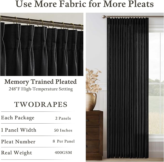 Black Pleated Linen Blend Semi Sheer Rustic Kitchen Curtains 63 Inch Long | - Image 4
