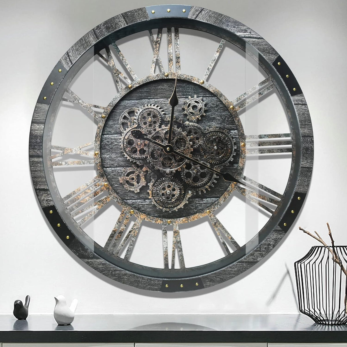 DORBOKER 27" Real Moving Gears Large Wall Clock with Toughened Glass Cover, Giant Wood Farmhouse Clock, Oversized Vintage Industrial Rustic Clock for Living Room Decor Home Kitchen (Carbon Grey)
